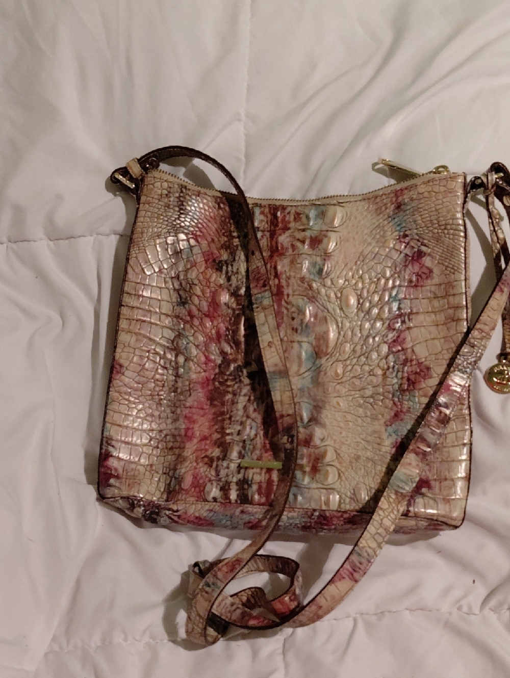 Brahmin Croc-Embossed Crossbody in Cream with Pink & Blue Accents